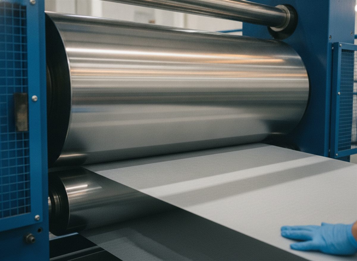 Vlies-Folien-Laminat läuft durch den Walzenspalt eines Kalanders – IT-Begleitung der Produktionslinien in der Folienverarbeitung