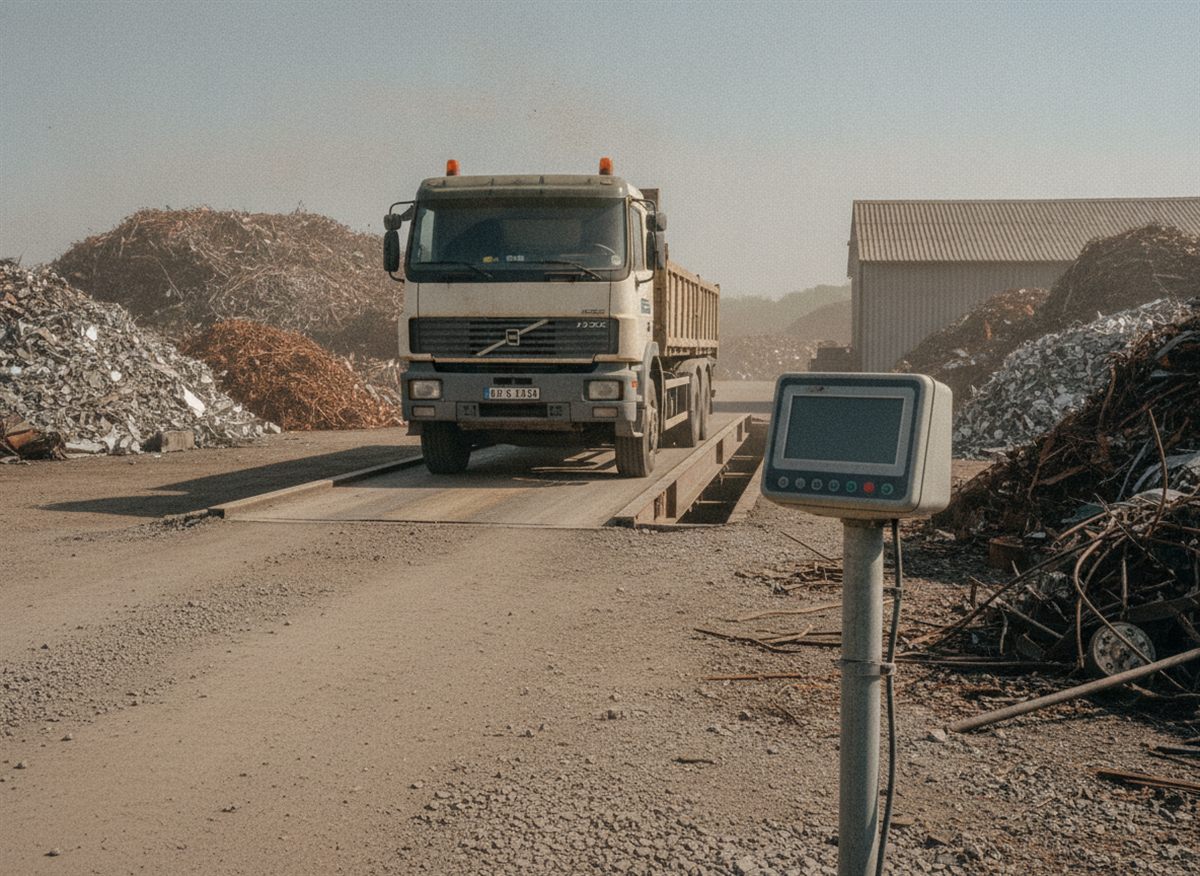 Recyclinghof mit LKW auf der Fahrzeugwaage und Wiegeterminal – IT für Recycling- und Abfallwirtschaftsbetriebe