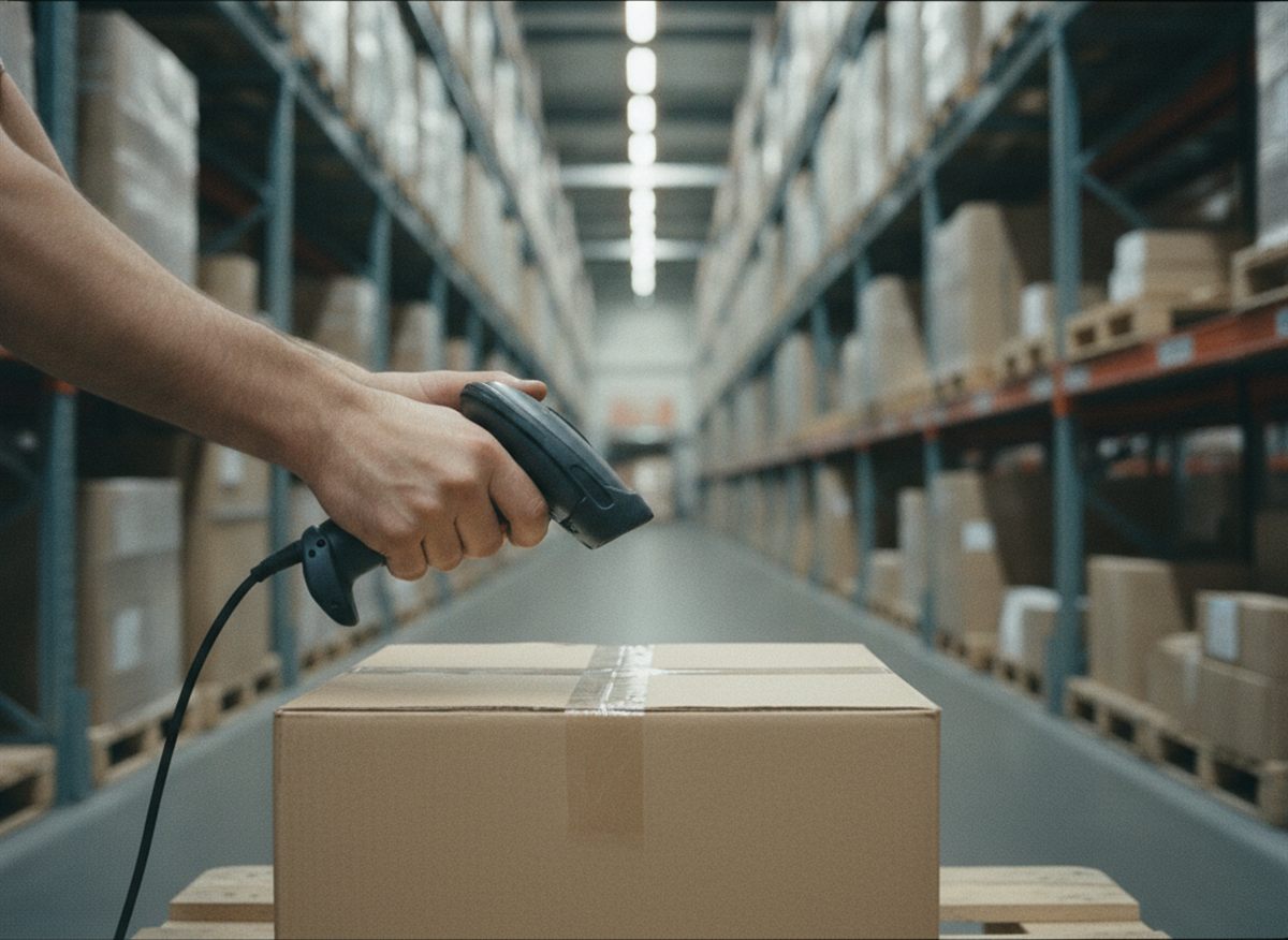 Lagergasse mit Hochregalen und Handscanner – IT für Großhandel, Vertrieb und Logistik