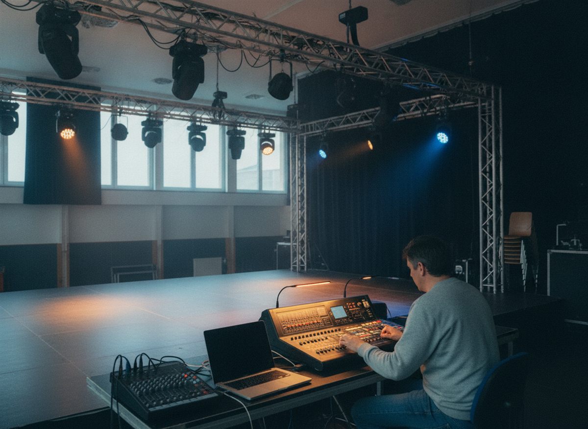 Bühnenaufbau mit Traversen, Lichtpult und Laptop – IT für Event- und Full-Service-Agenturen