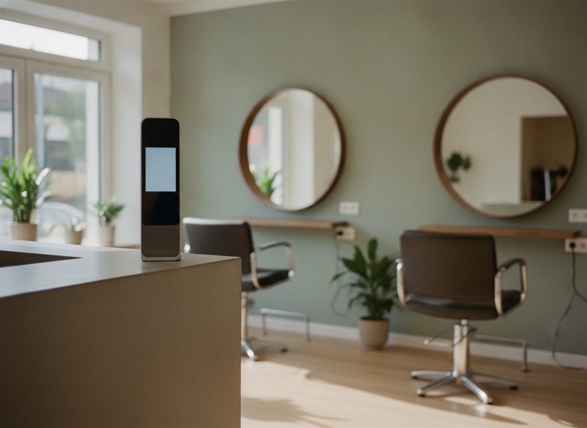 Empfangstresen eines Friseursalons mit Buchungsterminal – IT und Termin-Management für Friseur- und Beauty-Salons
