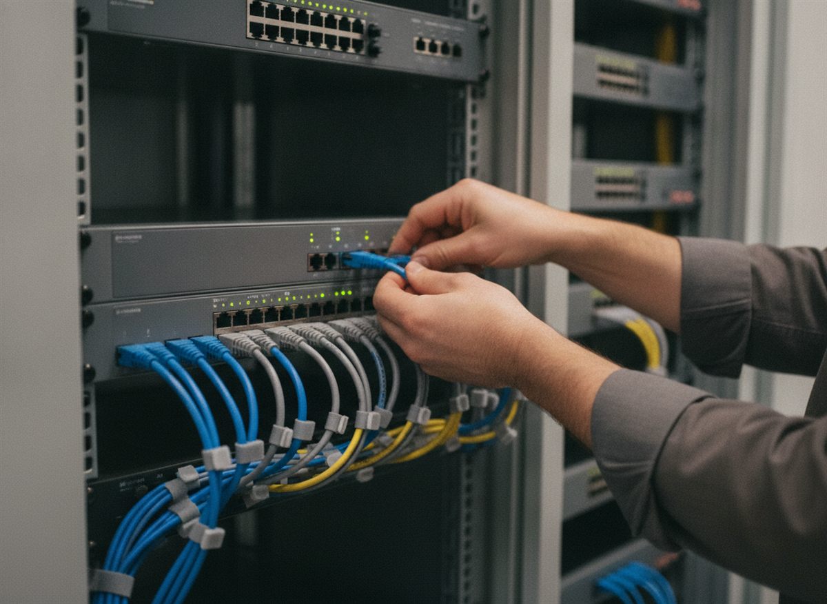 Hände stecken ein Patchkabel in einen Netzwerk-Switch im Serverschrank – Systemintegration und Hardware-Betreuung vor Ort