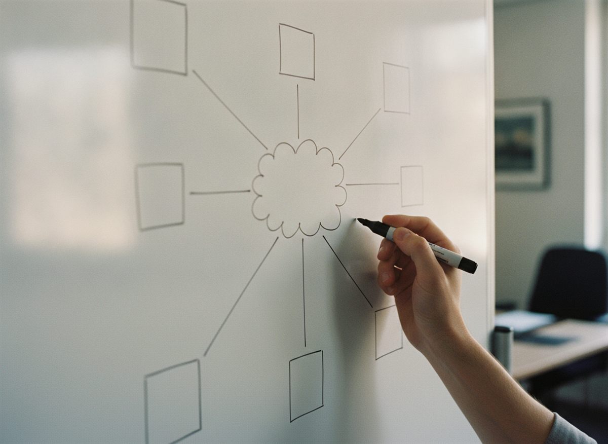 Netzplan-Skizze auf einem Whiteboard – IT-Strategie und Beratung für den Mittelstand