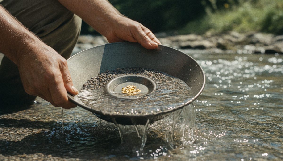Hände waschen Gold in einer Pfanne im Bach, wenige Flocken bleiben zwischen dem Kies liegen – aus dem Hype filtern, was trägt