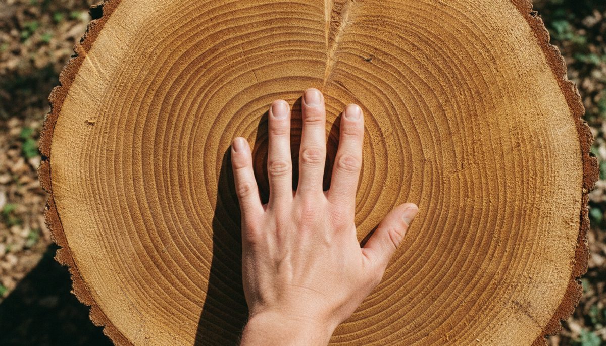 Hand auf dem frisch geschnittenen Stamm eines alten Baumes mit dutzenden Jahresringen – gewachsenes Vertrauen seit 2002