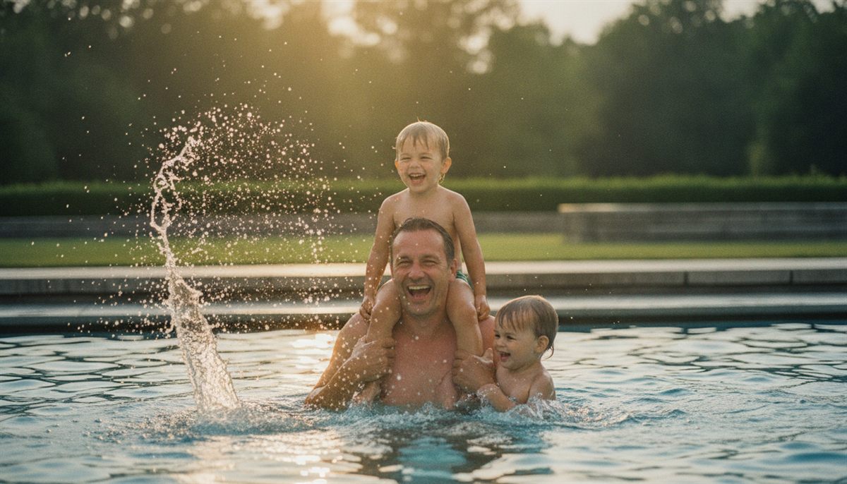 Vater mit zwei lachenden Kindern im Schwimmbad am späten Nachmittag – Zeit, die bleibt, wenn die IT betreut ist