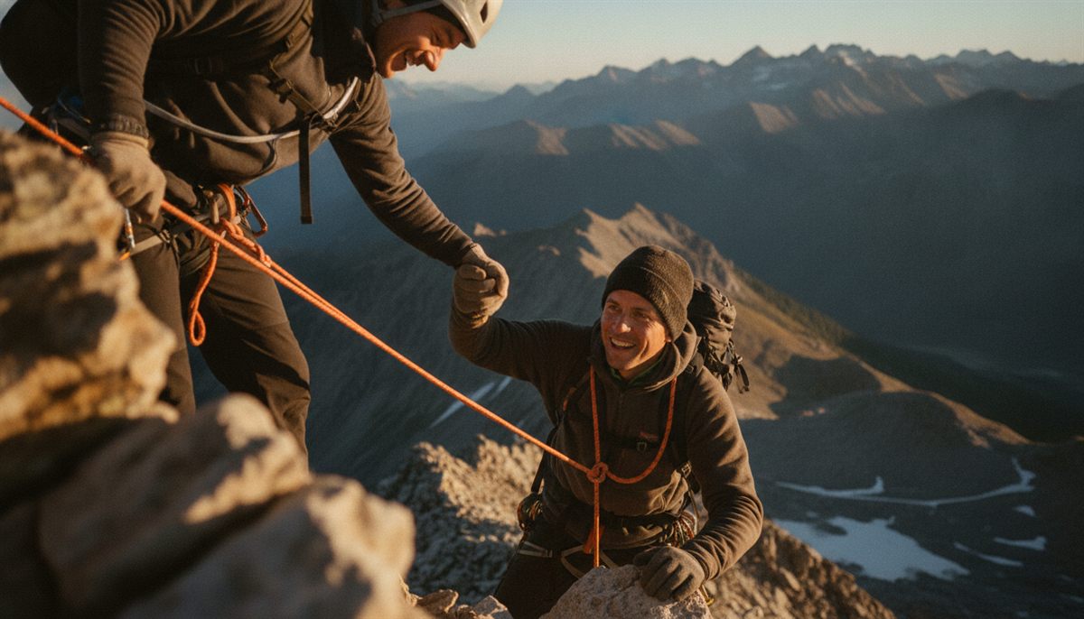 Zwei Bergsteiger am Seil, der obere zieht den unteren über die Kante – Verbindung und gemeinsames Ziel