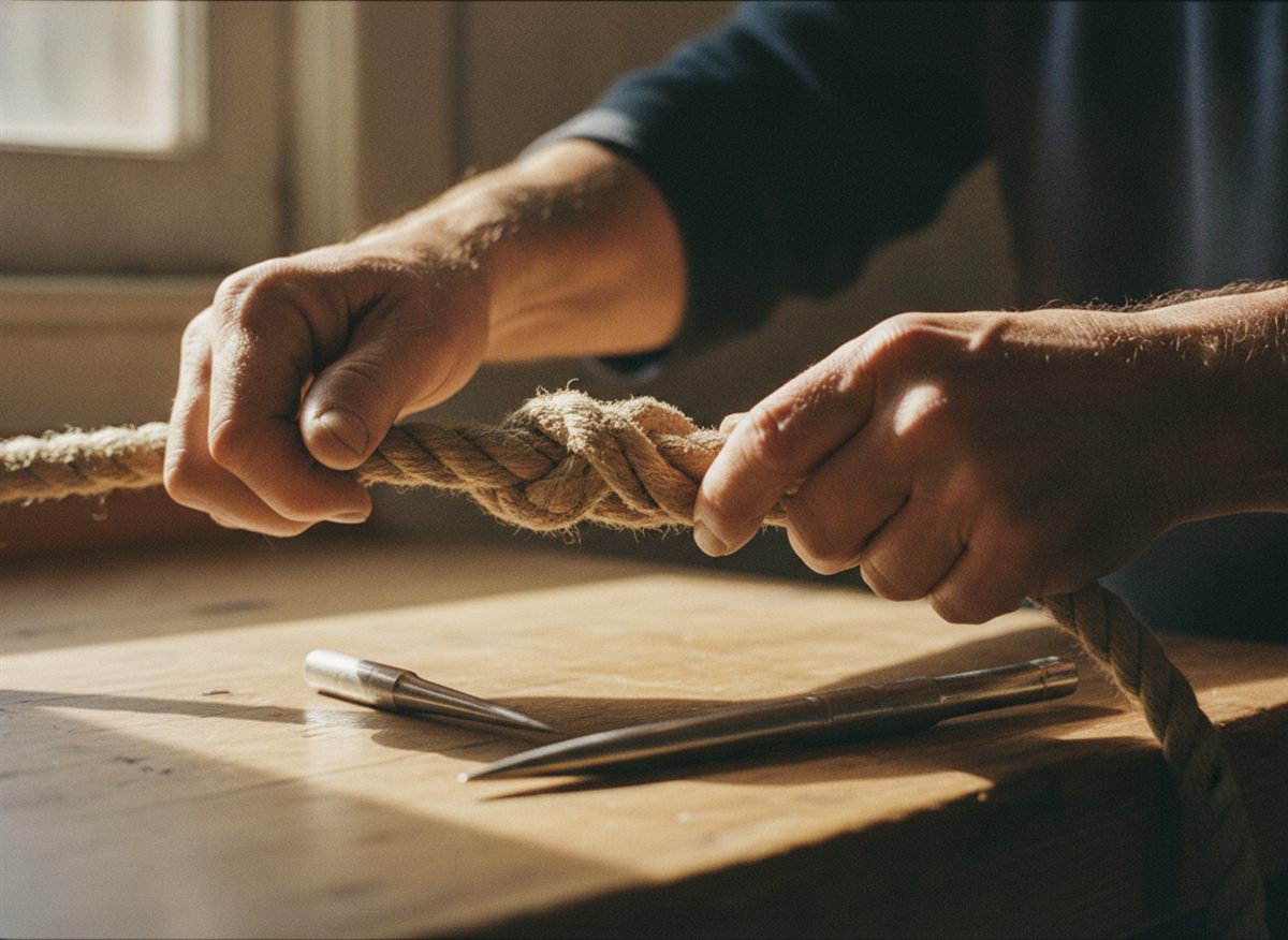 Zwei Hände spleißen zwei Seile ineinander zu einem durchgehenden Strang, daneben ein Marlspieker auf der Werkbank – zwei Systeme werden eins